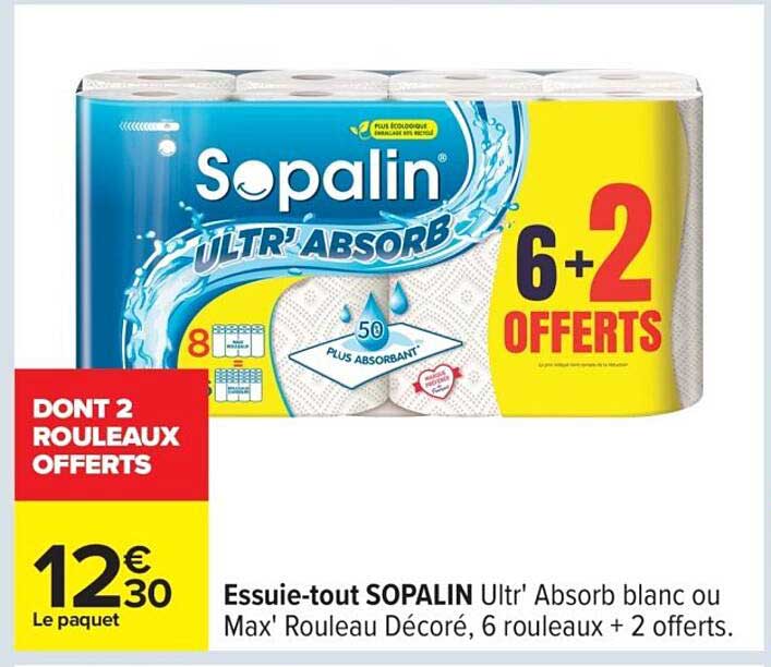 Essuie-tout SOPALIN Ultr' Absorb blanc ou Max' Rouleau Décoré, 6 rouleaux + 2 offerts.