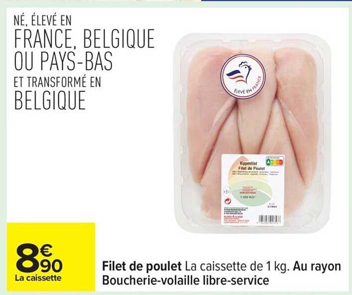 Filet de poulet La caisseette de 1 kg. Au rayon Boucherie-volaille libre-service