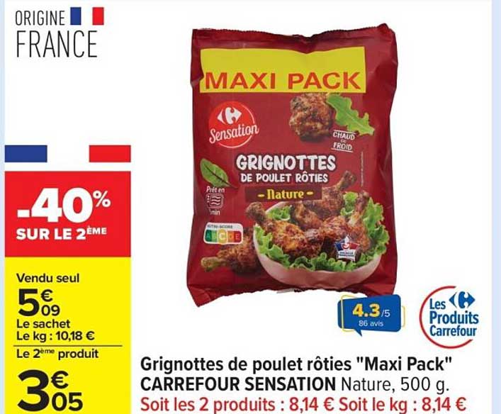 Grignottes de poulet rôties "Maxi Pack" CARREFOUR SENSATION Nature, 500 g.