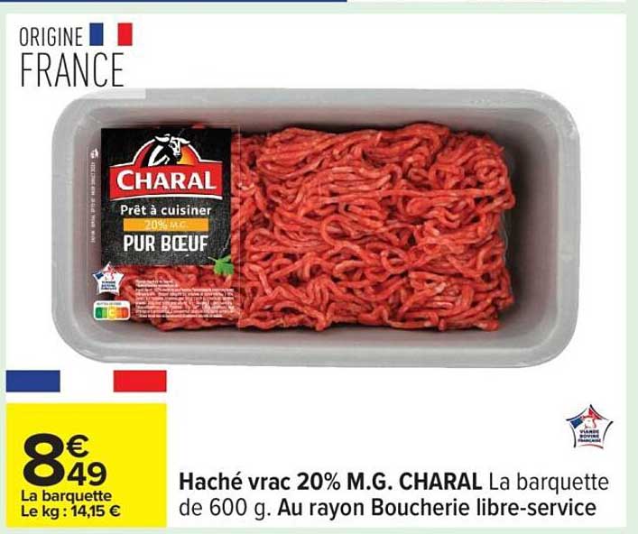 Haché vrac 20% M.G. CHARAL La barquette de 600 g