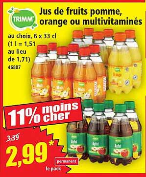 Jus de fruits pomme, orange ou multivitaminés