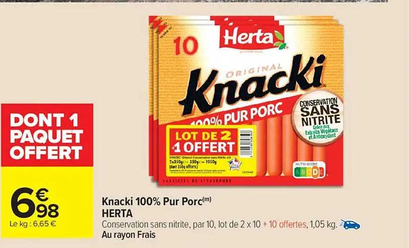 Knacki 100% Pur Porc HERTA, Lot de 2 + 1 Offert