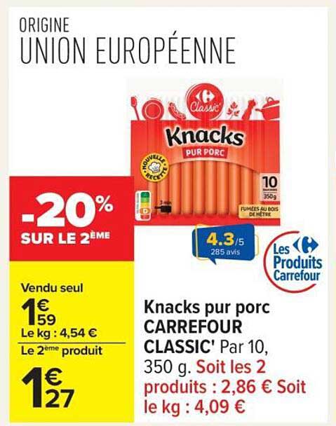 Knacks pur porc CARREFOUR CLASSIC' Par 10, 350 g