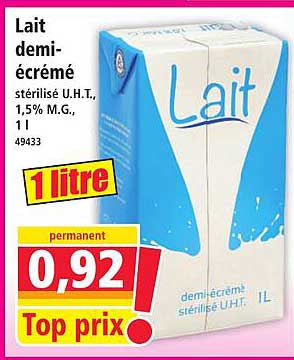 Lait demi-écrémé stérilisé U.H.T., 1,5% M.G., 1 L