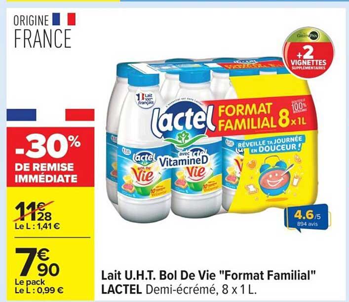 Lait U.H.T. Bol De Vie "Format Familial" LACTEL Demi-écrémé, 8 x 1 L