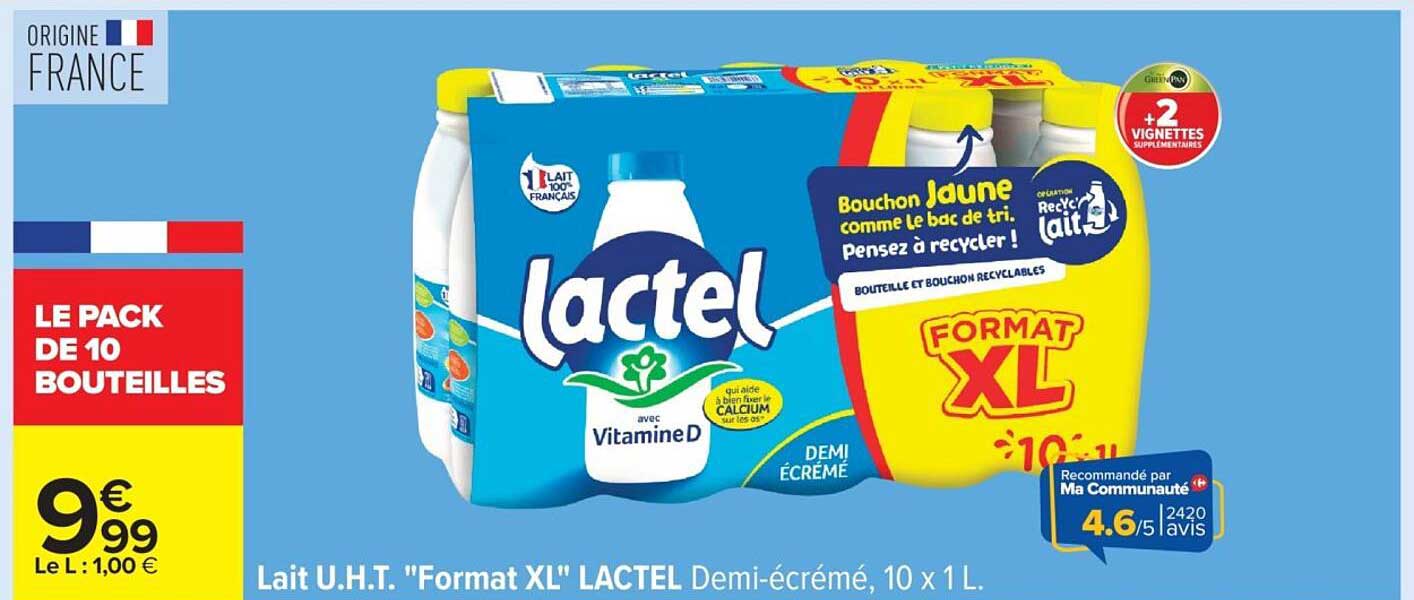 Lait U.H.T. ''Format XL'' LACTEL Demi-écrémé, 10 x 1L
