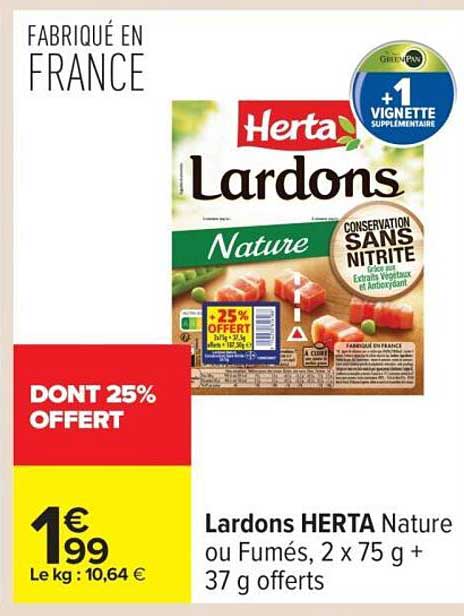 Lardons HERTA Nature ou Fumés, 2 x 75 g + 37 g offerts