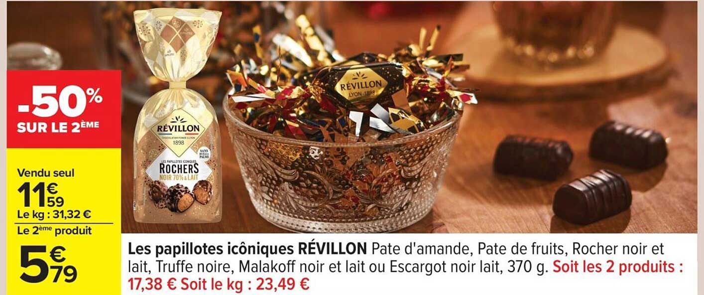 Les papillotes iconiques RÉVILLON Pâte d'amande, Pâte de fruits, Rocher noir et lait, Truffe noire, Malakoff noir et lait ou Escargot noir