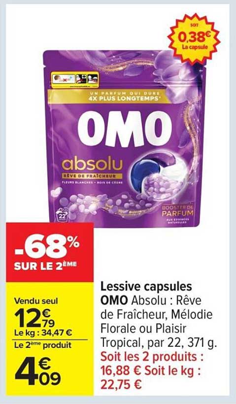 Lessive capsules OMO Absolu : Rêve de Fraîcheur, Mélodie Florale ou Plaisir Tropical