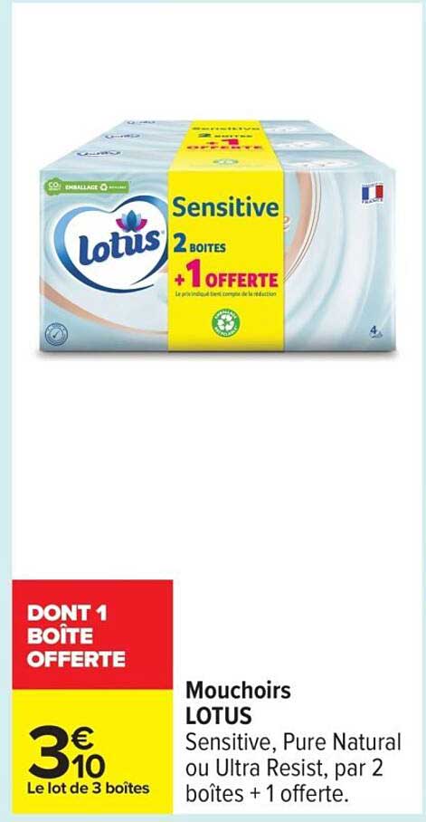 Mouchoirs LOTUS Sensitive, Pure Natural ou Ultra Resist, par 2 boîtes + 1 offerte.