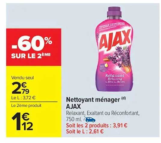 Nettoyant ménager AJAX Relaxant, Exaltant ou Réconfortant, 750 ml.