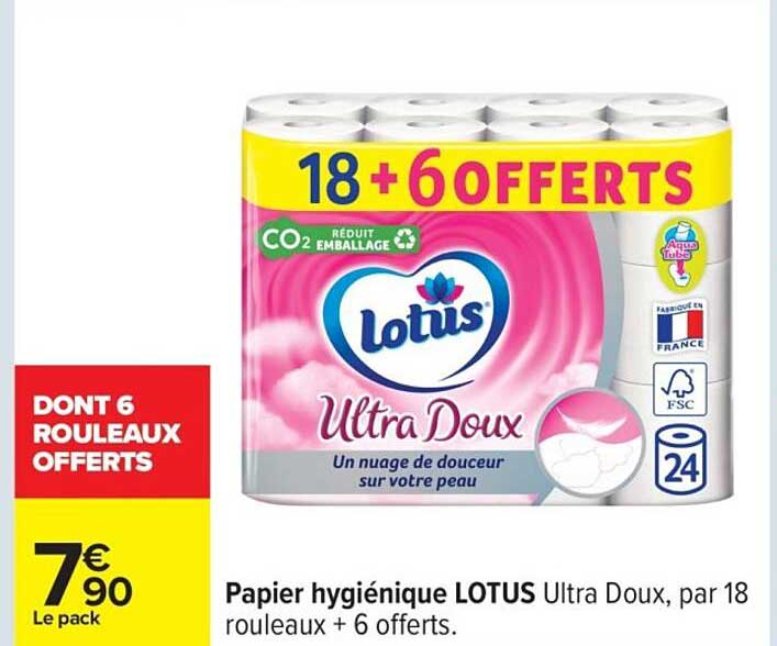 Papier hygiénique LOTUS Ultra Doux, par 18 rouleaux + 6 offerts.