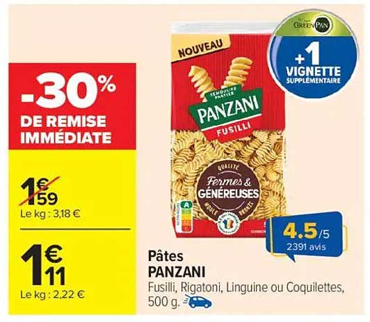 Pâtes PANZANI Fusilli, Rigatoni, Linguine ou Coquillettes, 500 g.