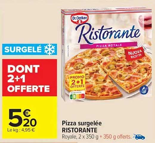 Pizza surgelée RISTORANTE Royale, 2 x 350 g + 350 g offerts.