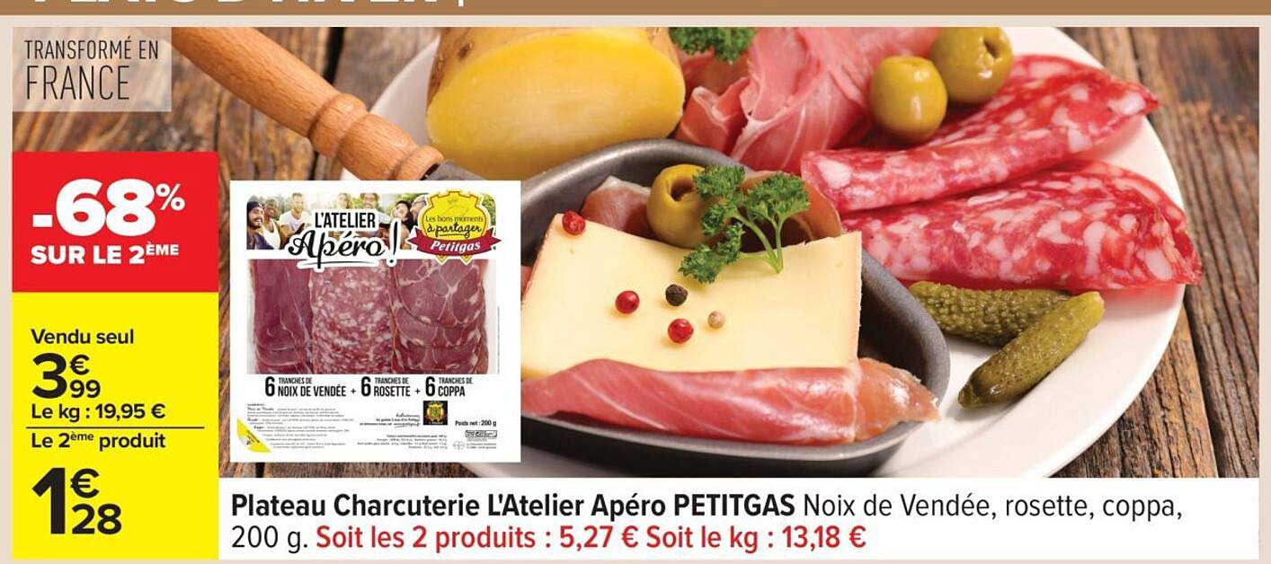 Plateau Charcuterie L'Atelier Apéro PETITGAS Noix de Vendée, rosette, coppa, 200 g.