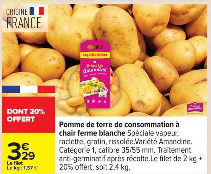 Pomme de terre de consommation à chair ferme blanche spéciale vapeur, raclette, gratin, rissolée