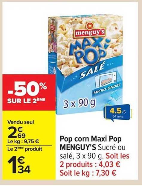 Pop corn Maxi Pop MENGUY'S Sucré ou salé, 3 x 90 g