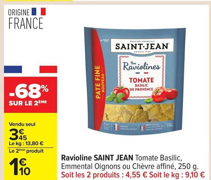 Ravioline SAINT JEAN Tomate Basilic, Emmental Oignons ou Chèvre affiné, 250 g.