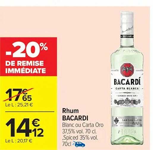 Rhum BACARDI Blanc ou Carta Oro 37,5% vol. 70 cl
