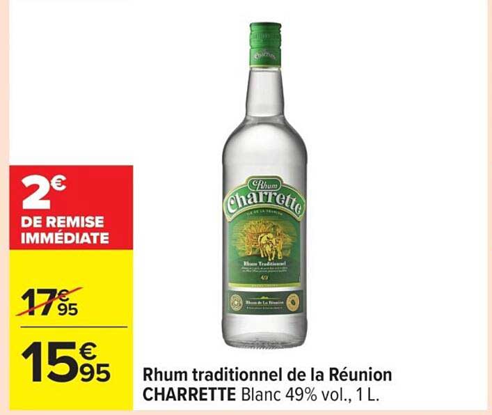 Rhum traditionnel de la Réunion CHARRETTE Blanc 49% vol., 1 L.