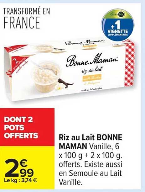 Riz au Lait BONNE MAMAN Vanille, 6 x 100 g + 2 x 100 g offerts