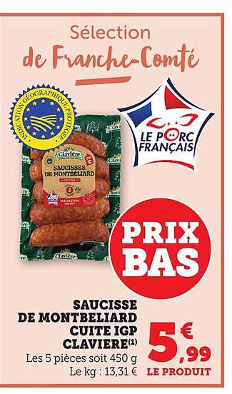 Saucisse de Montbéliard cuite IGP Clavière