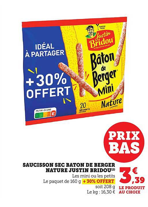 SAUCISSON SEC BATON DE BERGER NATURE JUSTIN BRIDOU