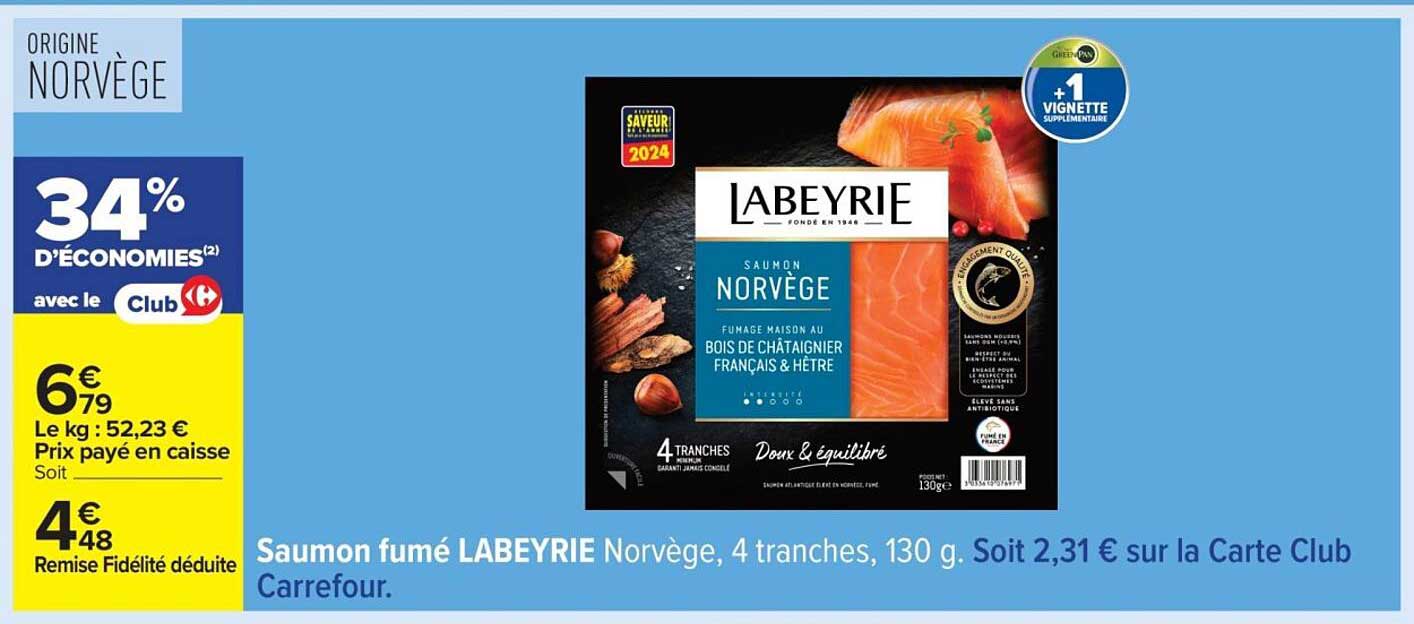 Saumon fumé LABEYRIE Norvège, 4 tranches, 130 g.