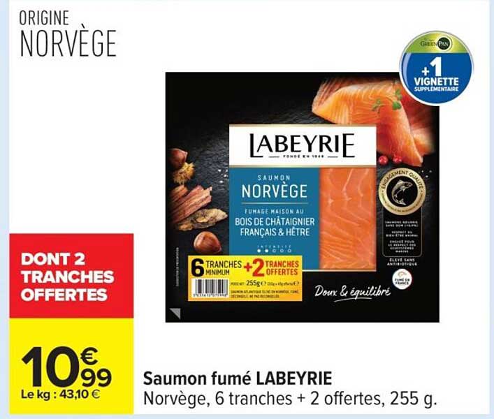 Saumon fumé LABEYRIE Norvège, 6 tranches + 2 offertes, 255 g.