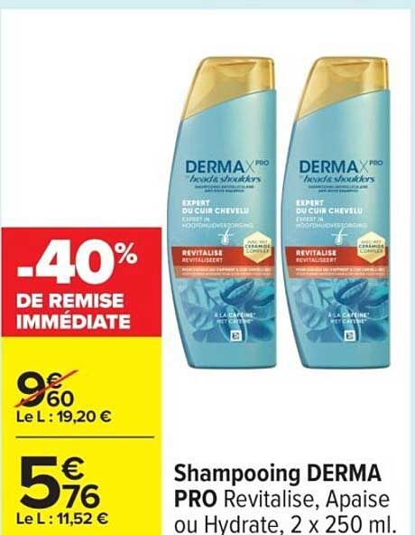 Shampooing DERMA PRO Revitalise, Apaise ou Hydrate, 2 x 250 ml.