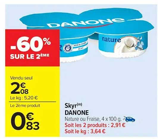 Skyr(m) DANONE Nature ou Fraise, 4 x 100 g.