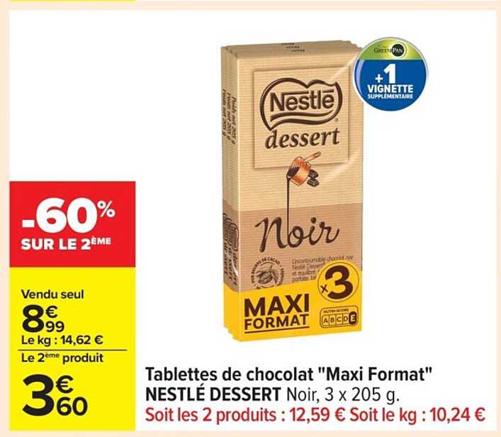 Tablettes de chocolat "Maxi Format" NESTLÉ DESSERT Noir, 3 x 205 g.