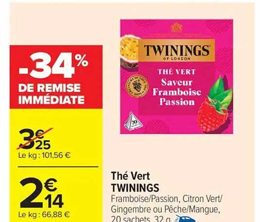 Thé Vert TWININGS Framboise/Passion, Citron Vert/Gingembre ou Pêche/Mangue, 20 sachets, 32 g