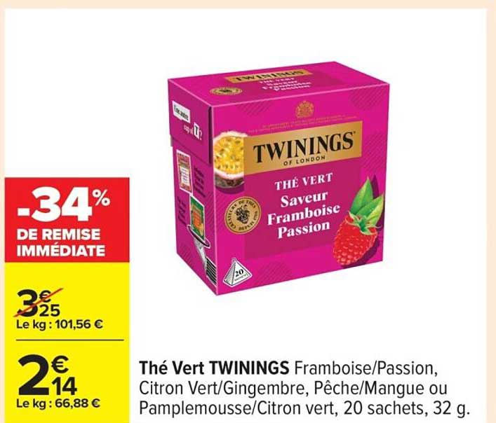 Thé Vert TWININGS Framboise/Passion, Citron Vert/Gingembre, Pêche/Mangue ou Pamplemousse/Citron vert, 20 sachets, 32 g.