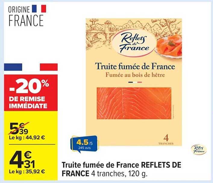 Truite fumée de France REFLETS DE FRANCE 4 tranches, 120 g.