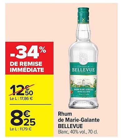 Rhum de Marie-Galante BELLEVUE Blanc, 40% vol., 70 cl.
