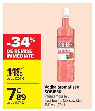 Vodka aromatisée SOBIESKI Pamplemousse, Iced Tea ou Moscow Mule 18% vol. 70 cl