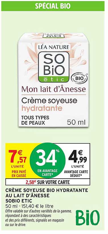 CRÈME SOYEUSE BIO HYDRATANTE AU LAIT D’ÂNESSE SOBIO ETIC