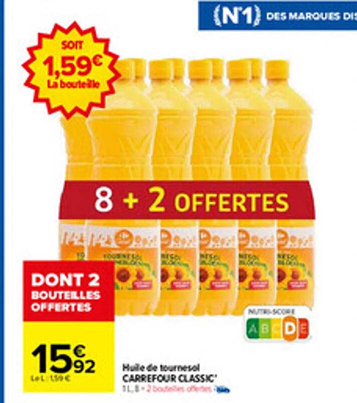 Huile de tournesol CARREFOUR CLASSIC 1 L - 8 + 2 BOUTEILLES OFFERTES