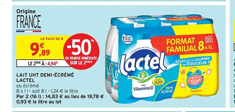 Lait UHT Demi-Écrémé Lactel - Pack de 8
