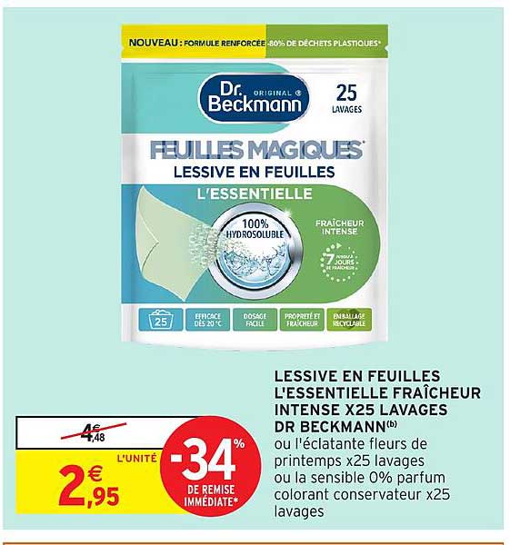 LESSIVE EN FEUILLES L'ESSENTIELLE FRAÎCHEUR INTENSE X25 LAVAGES DR BECKMANN