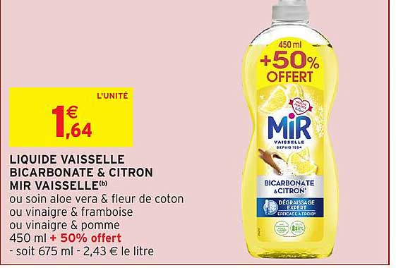 LIQUIDE VAISSELLE BICARBONATE & CITRON MIR VAISSELLE