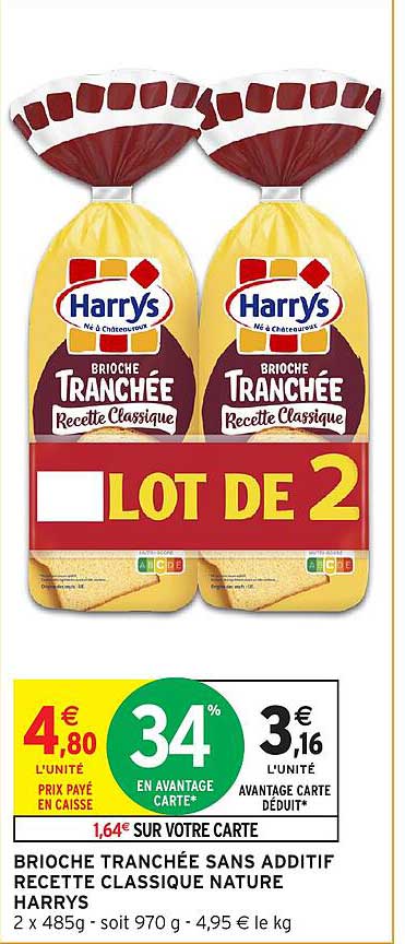 LOT DE 2 BRIOCHE TRANCHÉE SANS ADDITIF RECETTE CLASSIQUE NATURE HARRYS