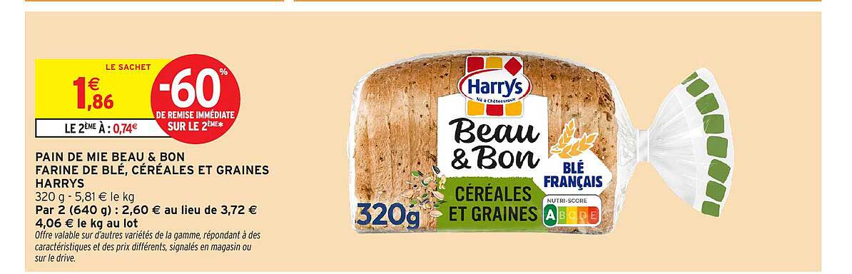 PAIN DE MIE BEAU & BON FARINE DE BLÉ, CÉRÉALES ET GRAINES HARRYS