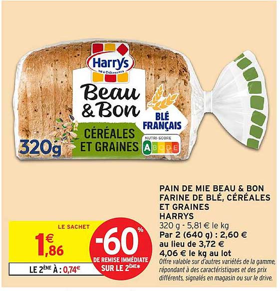 PAIN DE MIE BEAU & BON FARINE DE BLÉ, CÉRÉALES ET GRAINES HARRYS