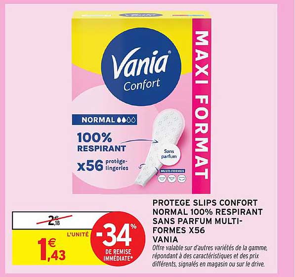 PROTEGE SLIPS CONFORT NORMAL 100% RESPIRANT SANS PARFUM MULTI-FORMES X56 VANIA