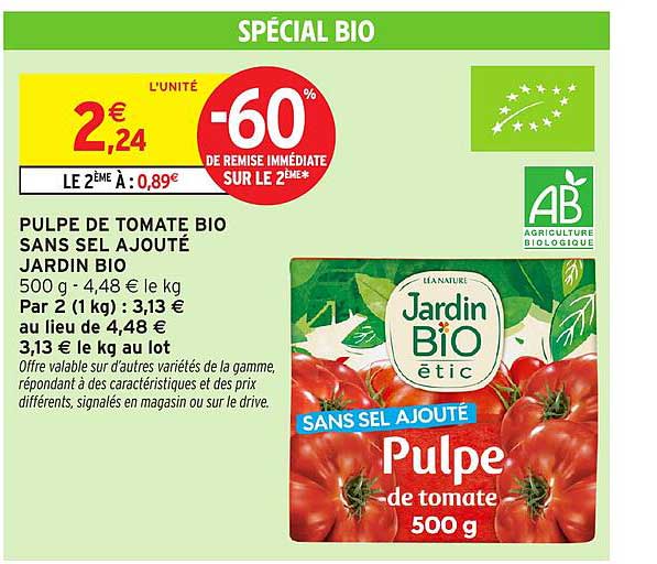 PULPE DE TOMATE BIO SANS SEL AJOUTÉ JARDIN BIO