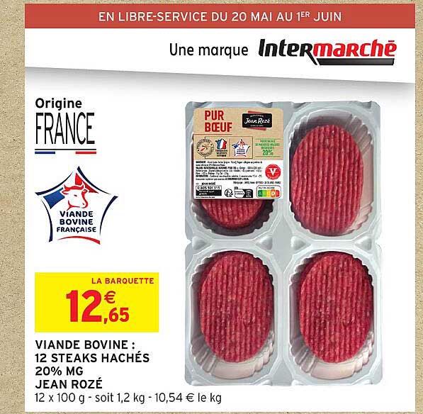 Viande bovine : 12 steaks hachés 20% MG Jean Rozé