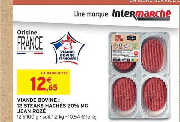 VIANDE BOVINE : 12 STEAKS HACHÉS 20% MG JEAN ROZÉ
