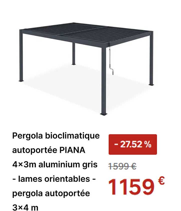 Pergola bioclimatique autoportée PIANA 4×3m aluminium gris